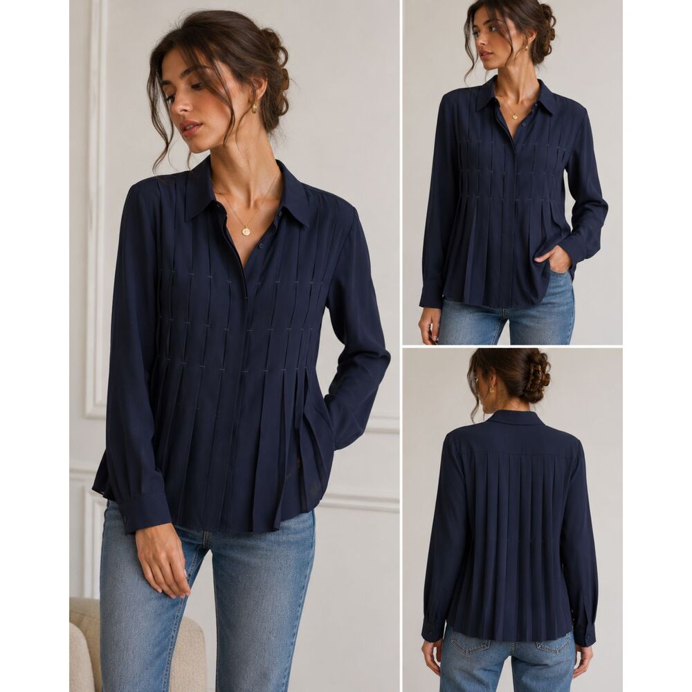 SAINT ART Pleated Buttoned Front Blouse‎ Navy Medium